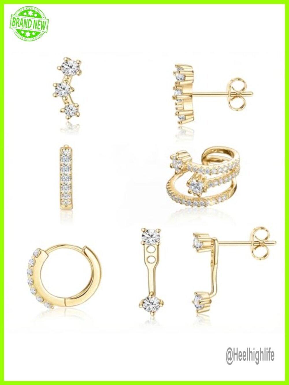7Pc 14K Gold Plated Stud Earrings Set Hypoallergenic